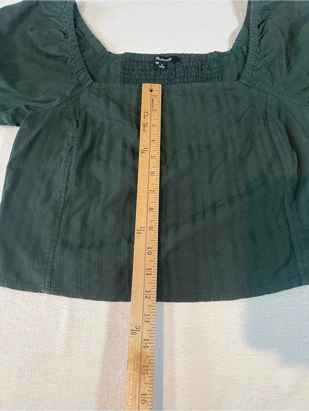 Madewell Dark Green Square Neck Puff Sleeve Crop Blouse